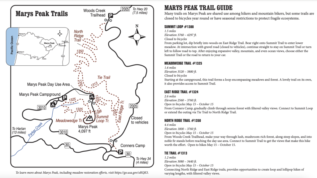 map of Mary's Peak trails and trail guide