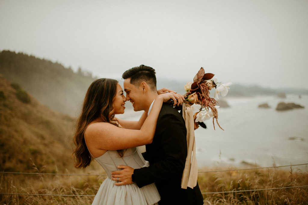 Romantic elopement portrait with bouquet. Florist for Oregon Elopements