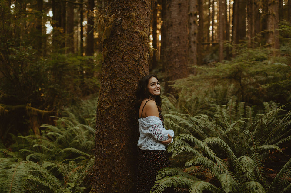 Cannon beach senior photo in the forest