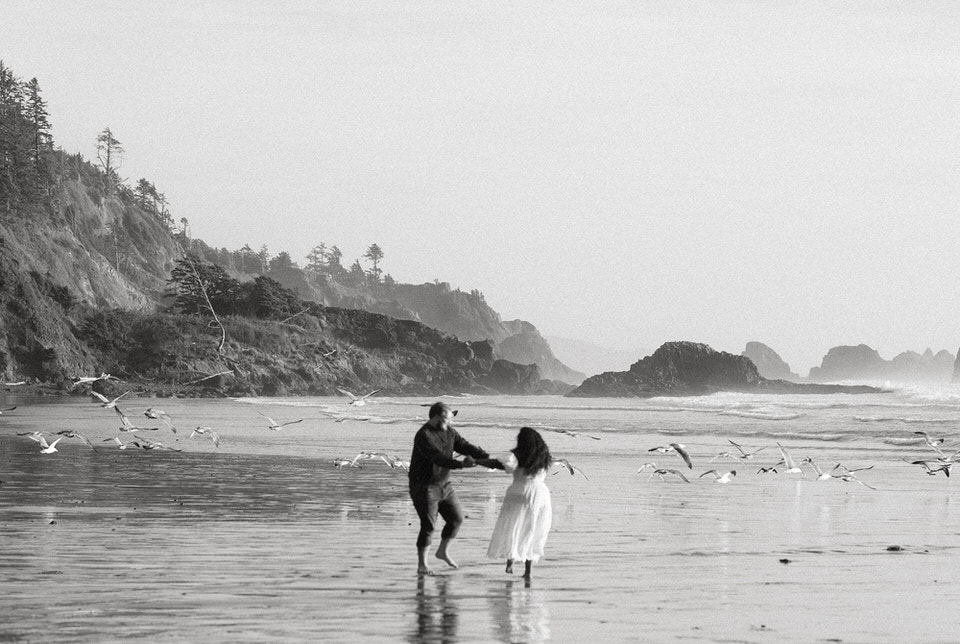 Filmy style editing for beach engagement photos in Oregon