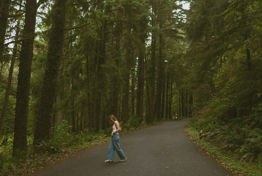girl walking in the forest 