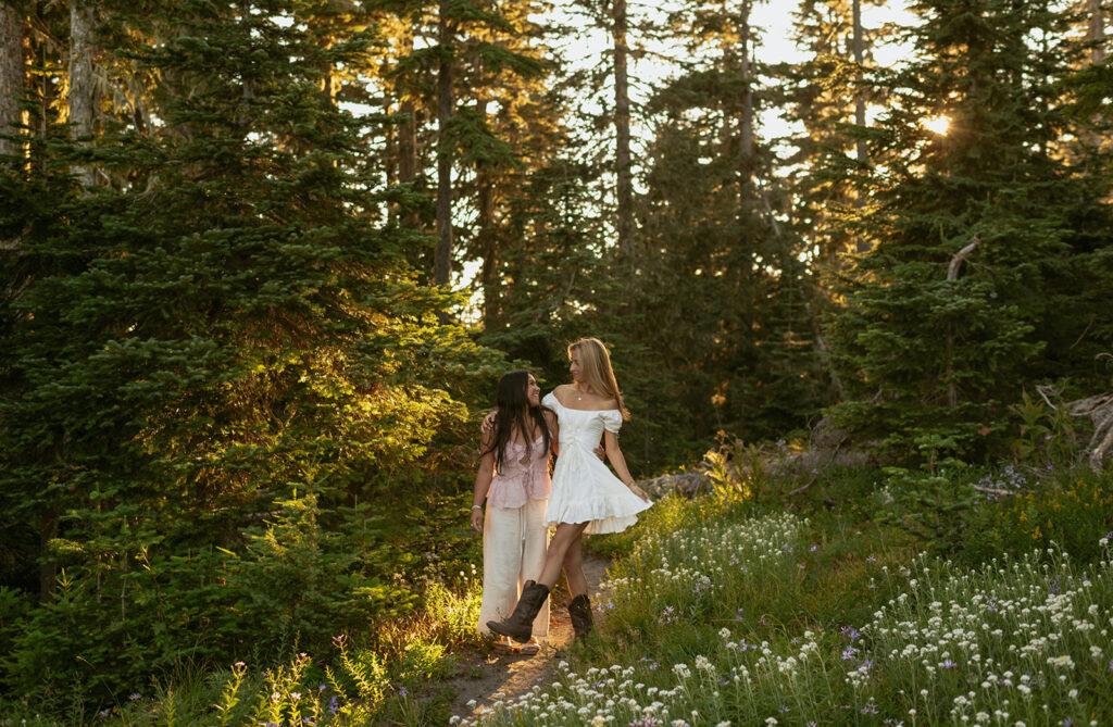 friends hugging each other at their senior photo session at Mount Hood