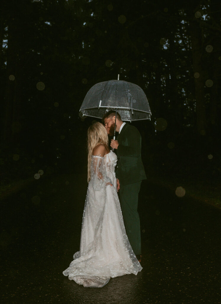 bride and groom kissing under a transparent umbrella on a rainy night