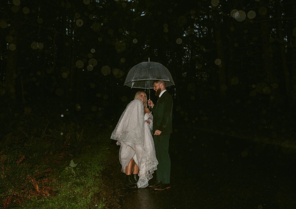 bride in a white wedding dress and a groom in a dark suit standing under a transparent umbrella on a rainy night