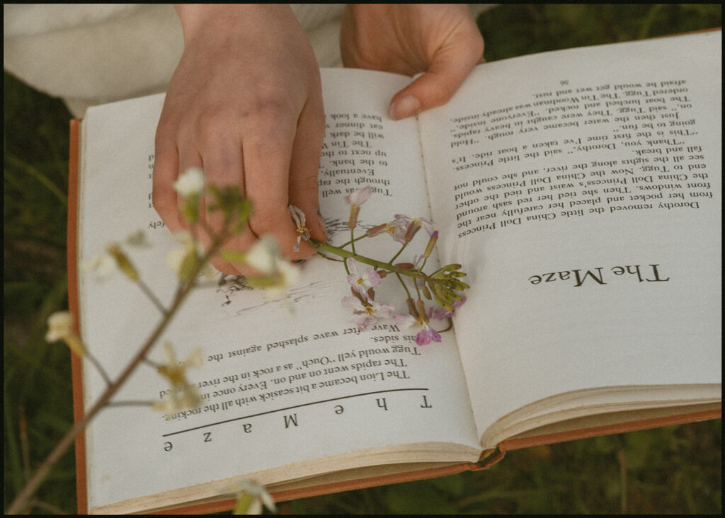 Person holding an open book titled "The Maze" in one hand while their other hand places small flowers on the pages