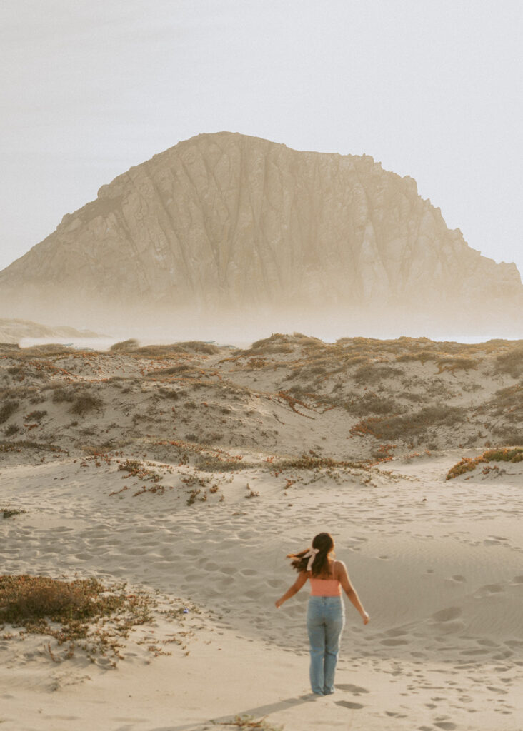 Woman with long hair walking across a sandy beach towards a large, rocky hill in the background