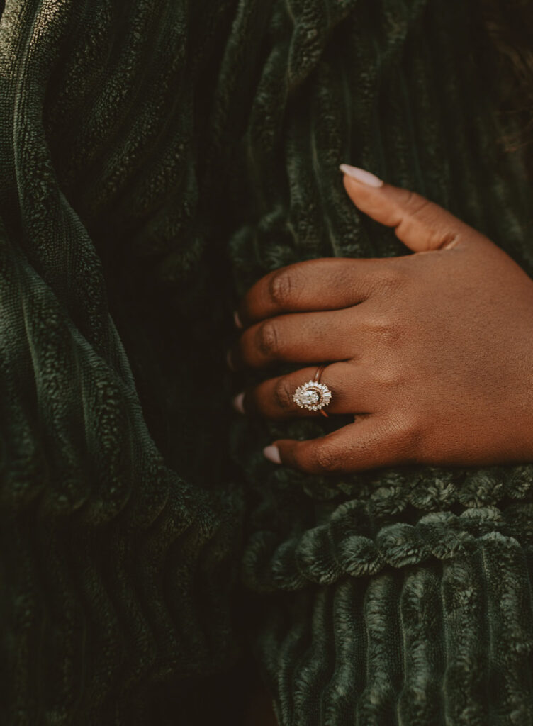 Close-up of an engagement ring for an Engagement session in Oregon