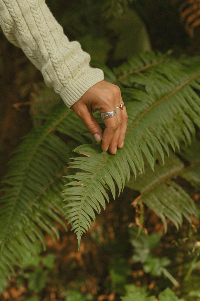 Close-up of a woman's hand touching fern leaves