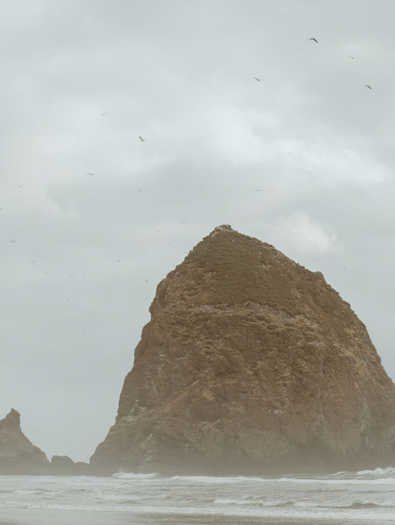 A large, rugged rock formation rises from the ocean against a cloudy sky