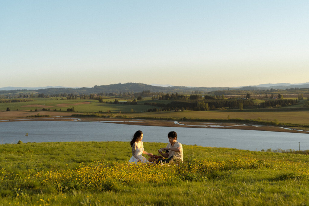 Distant view of couple enjoying a picnic on a grassy hill