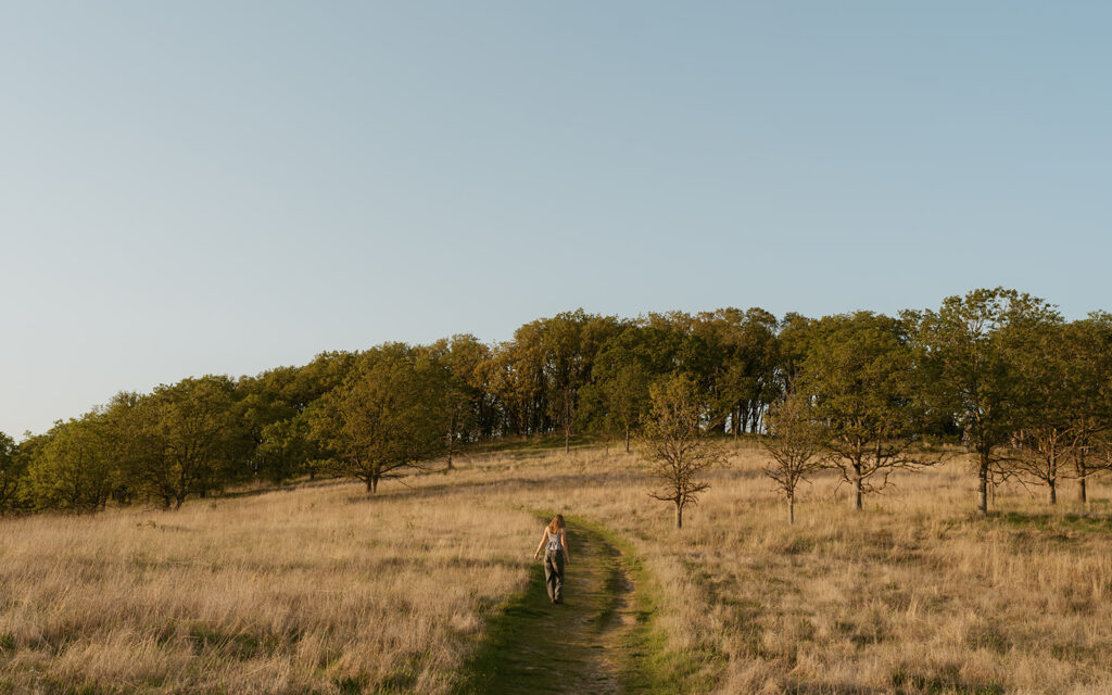 Girl walking up a trail surrounded by golden grass and trees