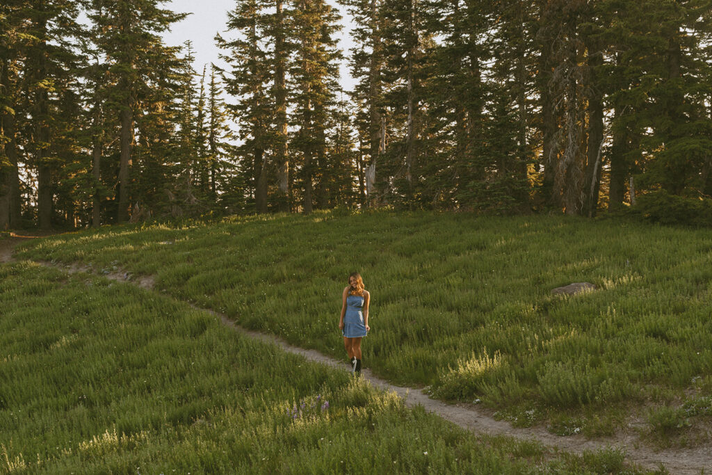 A woman in a blue dress is walking down a path in a field.