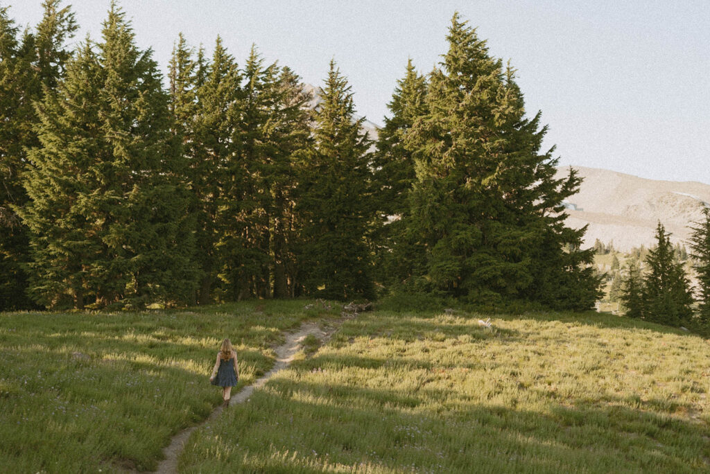 A woman is walking down a path in a field surrounded by trees.