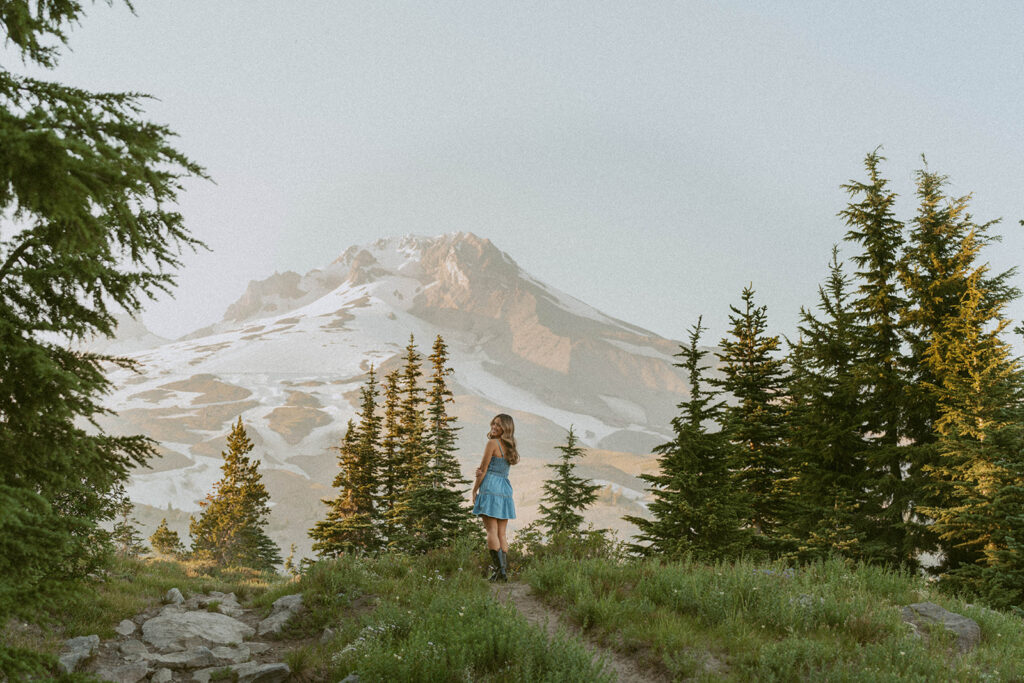 A woman in a blue dress is standing on top of a grassy hill looking at a mountain.