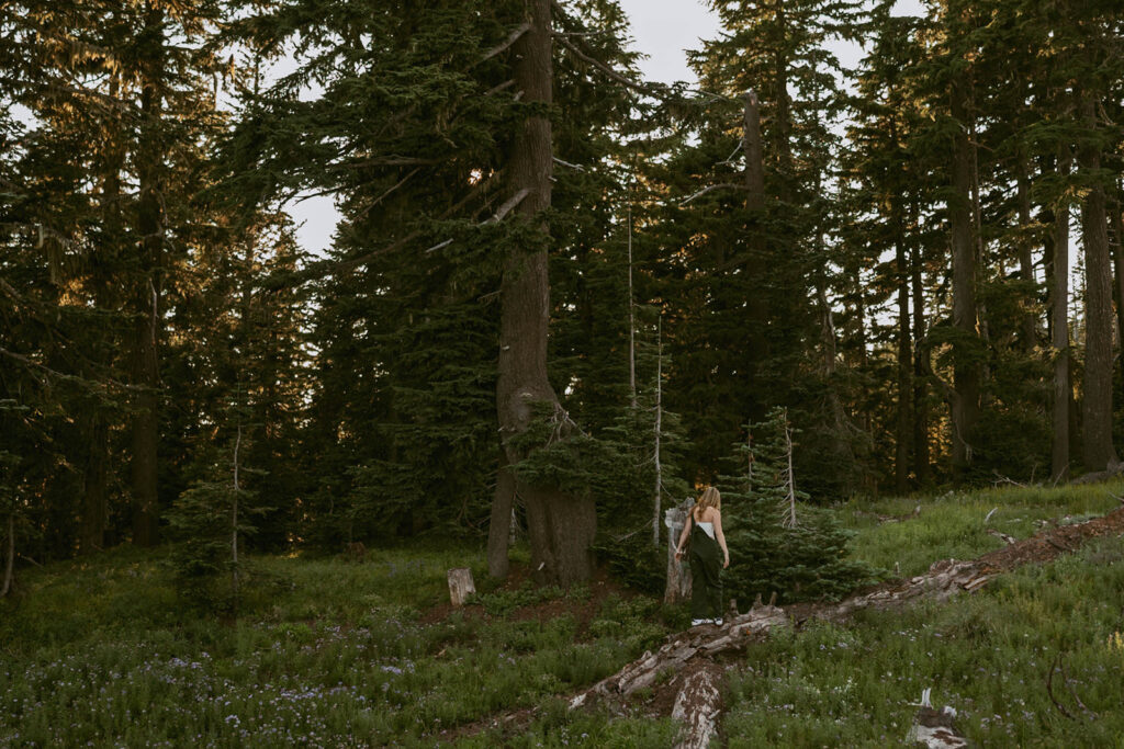 A person is standing in the middle of a forest.