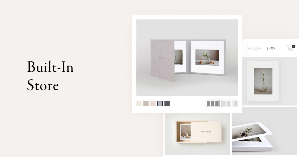 Built in store feature showing photo album mockup
