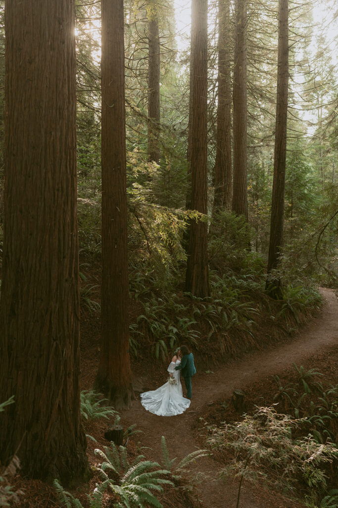 Couple kissing on a winding forest path