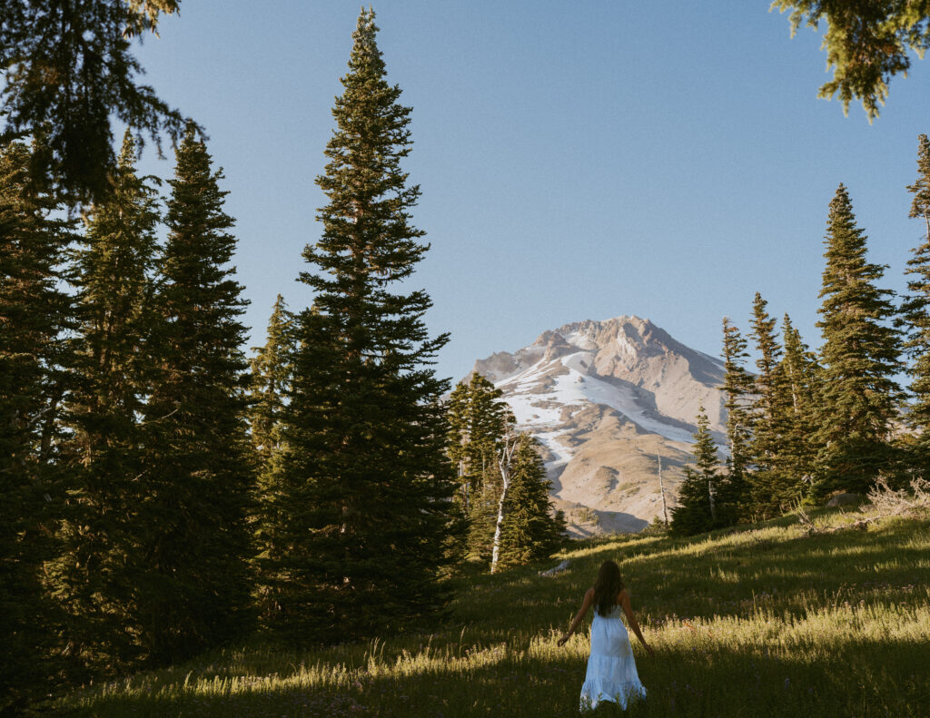 Mount Hood wilderness senior photos featuring majestic mountain vista framed by tall pine trees during golden hour lighting