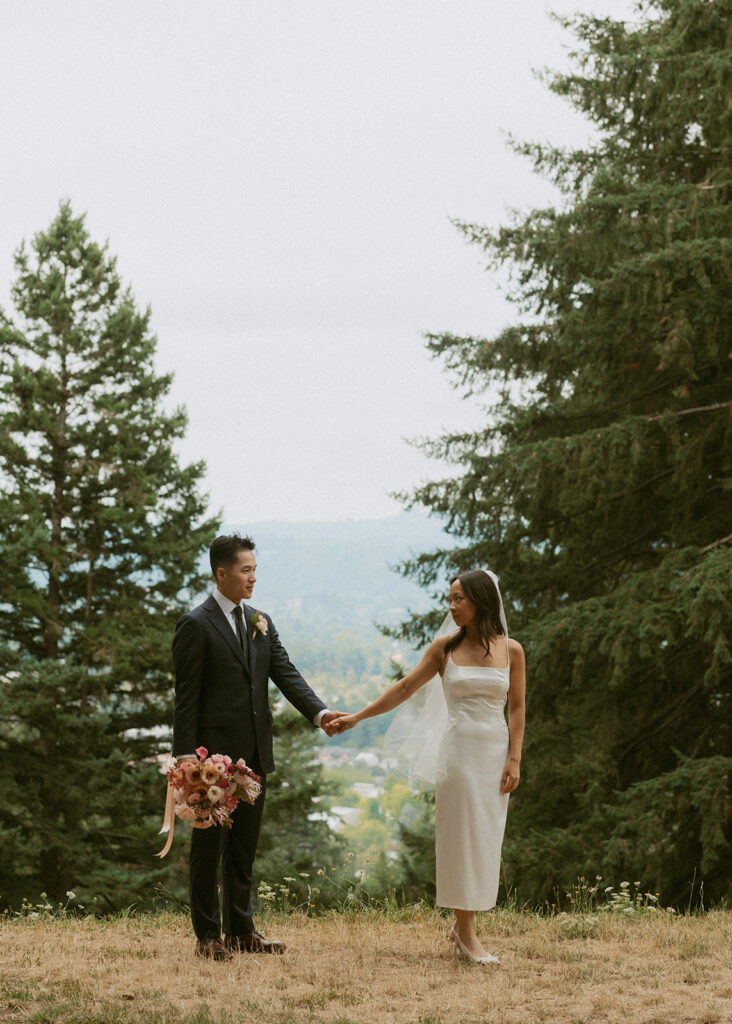 Couple holding hands with mountain view Portland Oregon elopement