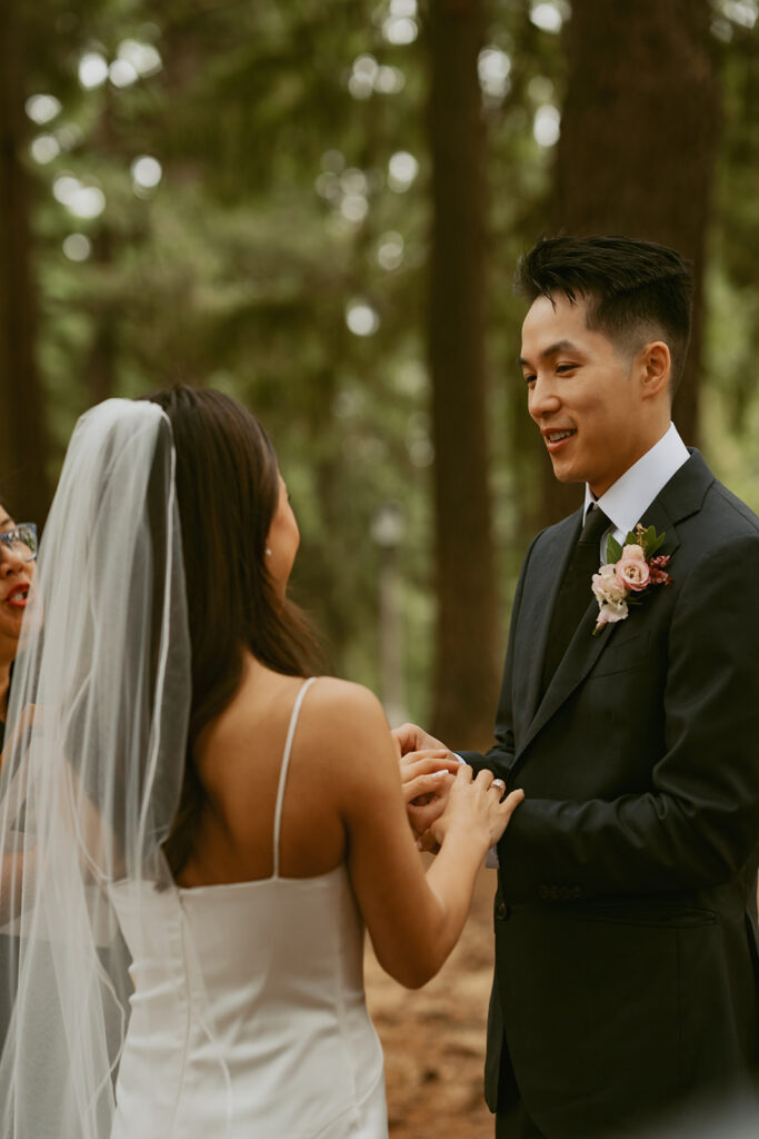 Bride and groom exchanging vows in Portland Oregon elopement