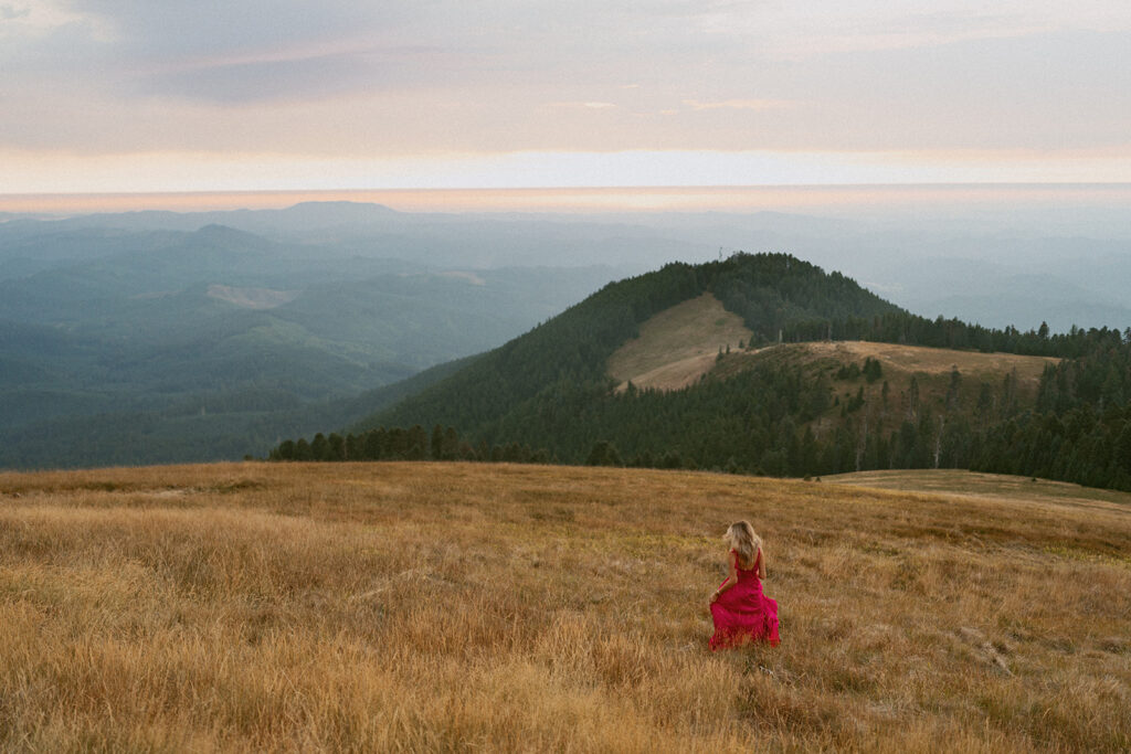 Gwyn on her magenta flowy dress at Mary's peak