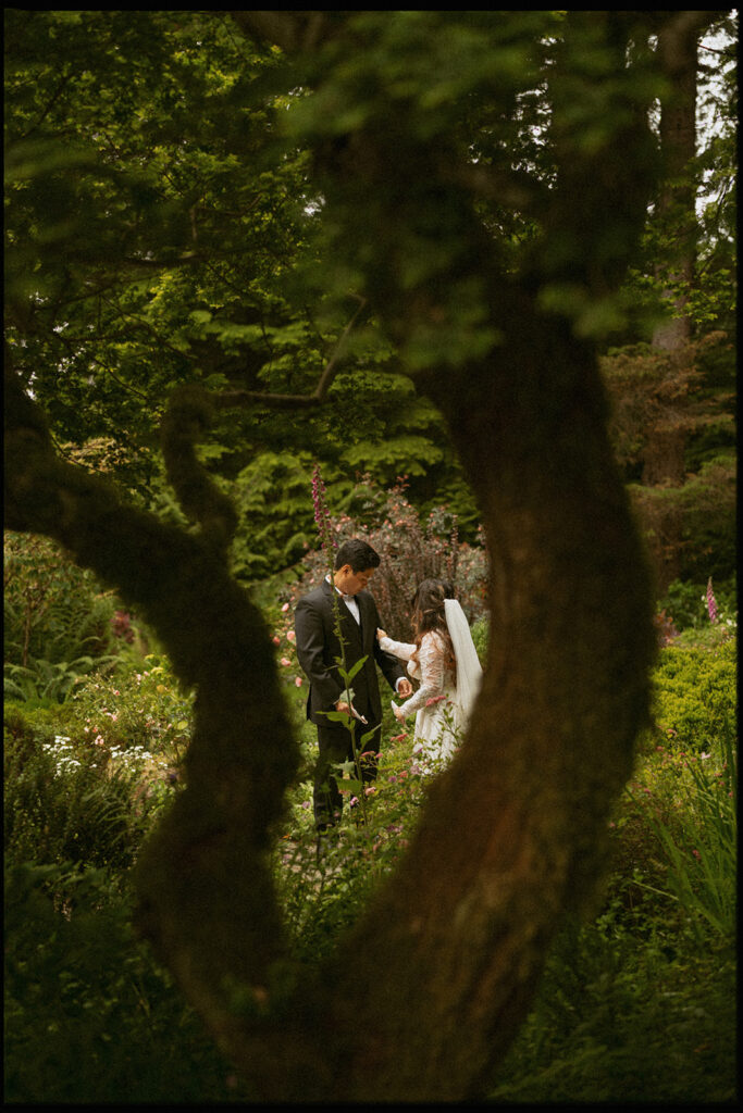 Couple holding hands in a garden path