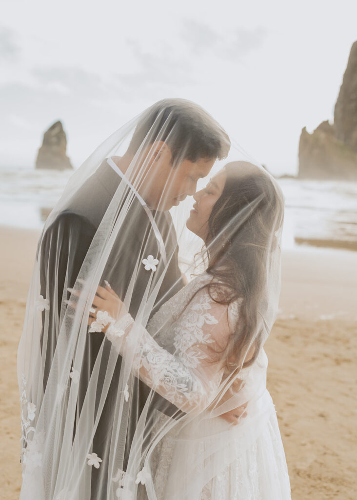 Close-up of bride and groom under a veil on the beach