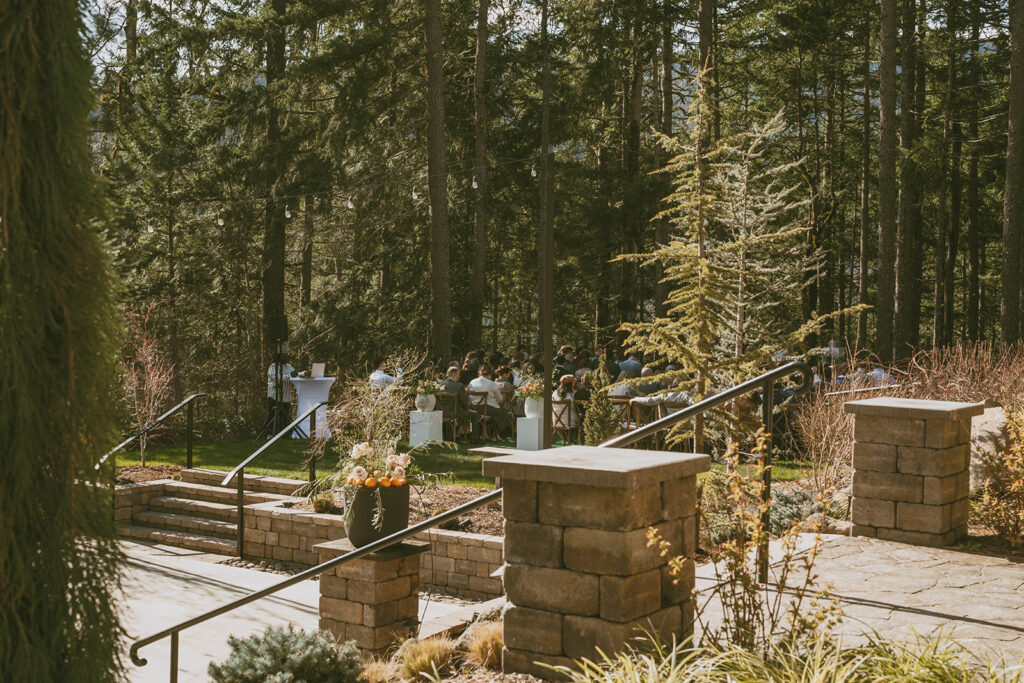 Outdoor ceremony setup with guests surrounded by trees