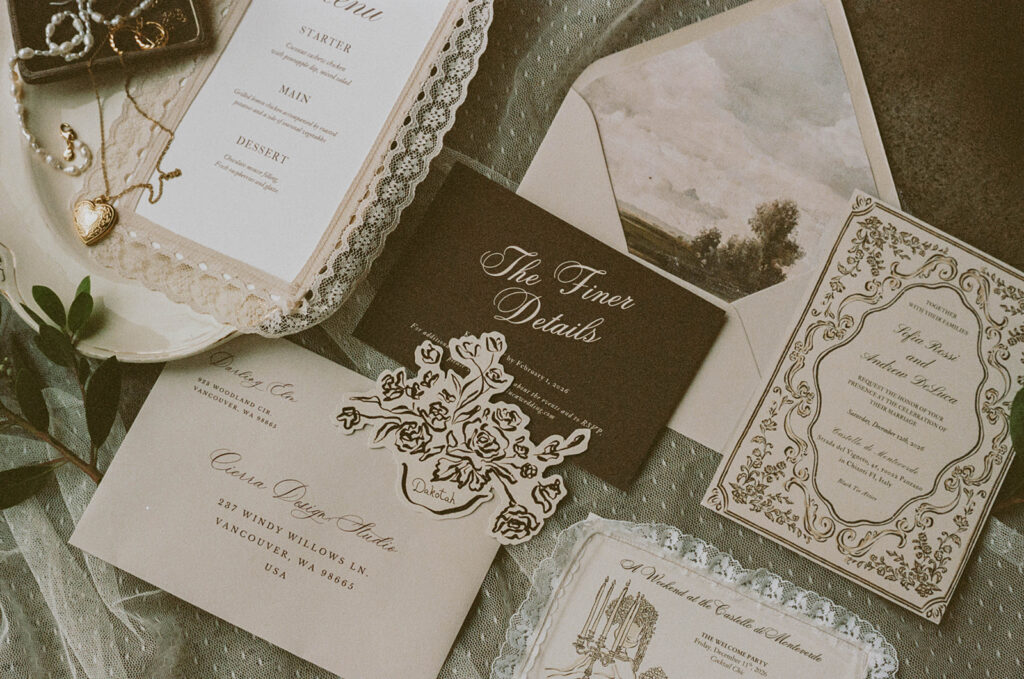 Close-up of wedding invitations and printed details
