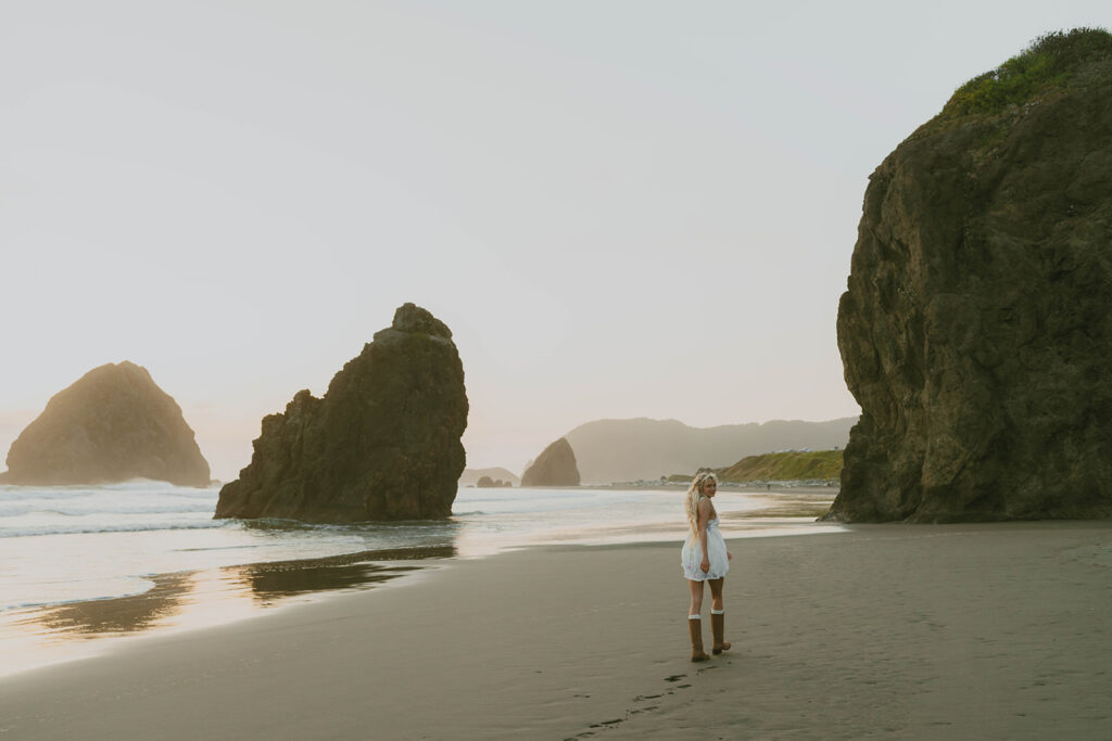 Senior walking barefoot along the shoreline