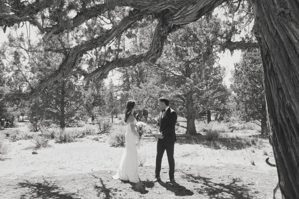 Black and white film photo of bride and groom standing beneath a large juniper tree in the high desert